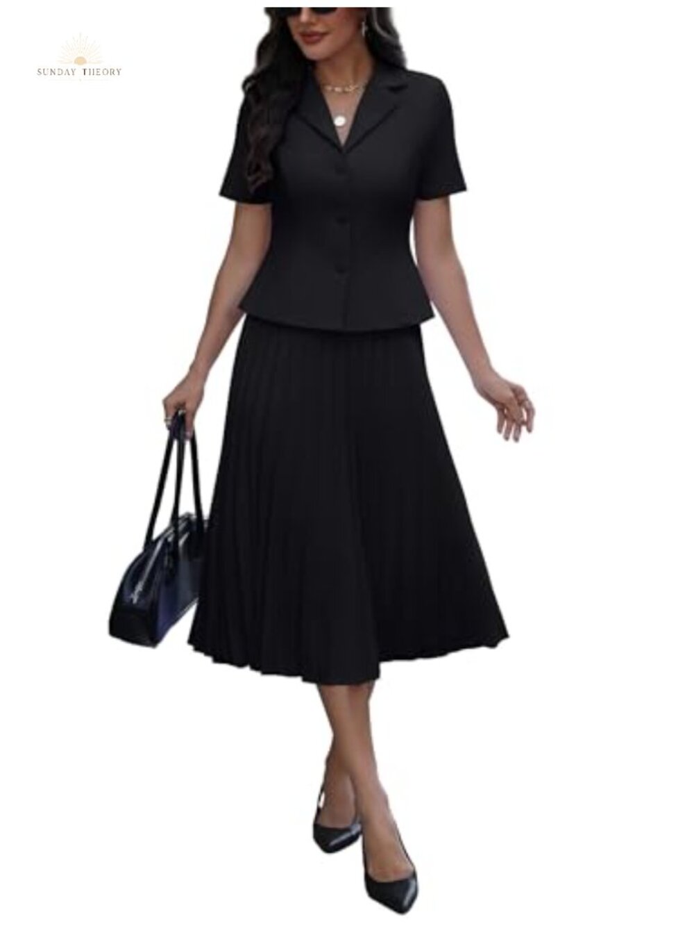 Women's 2 Piece Blazer Outfit Pleated Maxi Skirt Suit Church